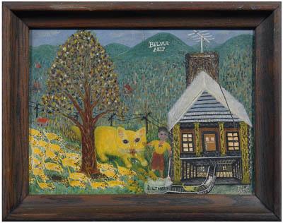 Appraisal: Folk art painting woman with broom cabin with cat escalator