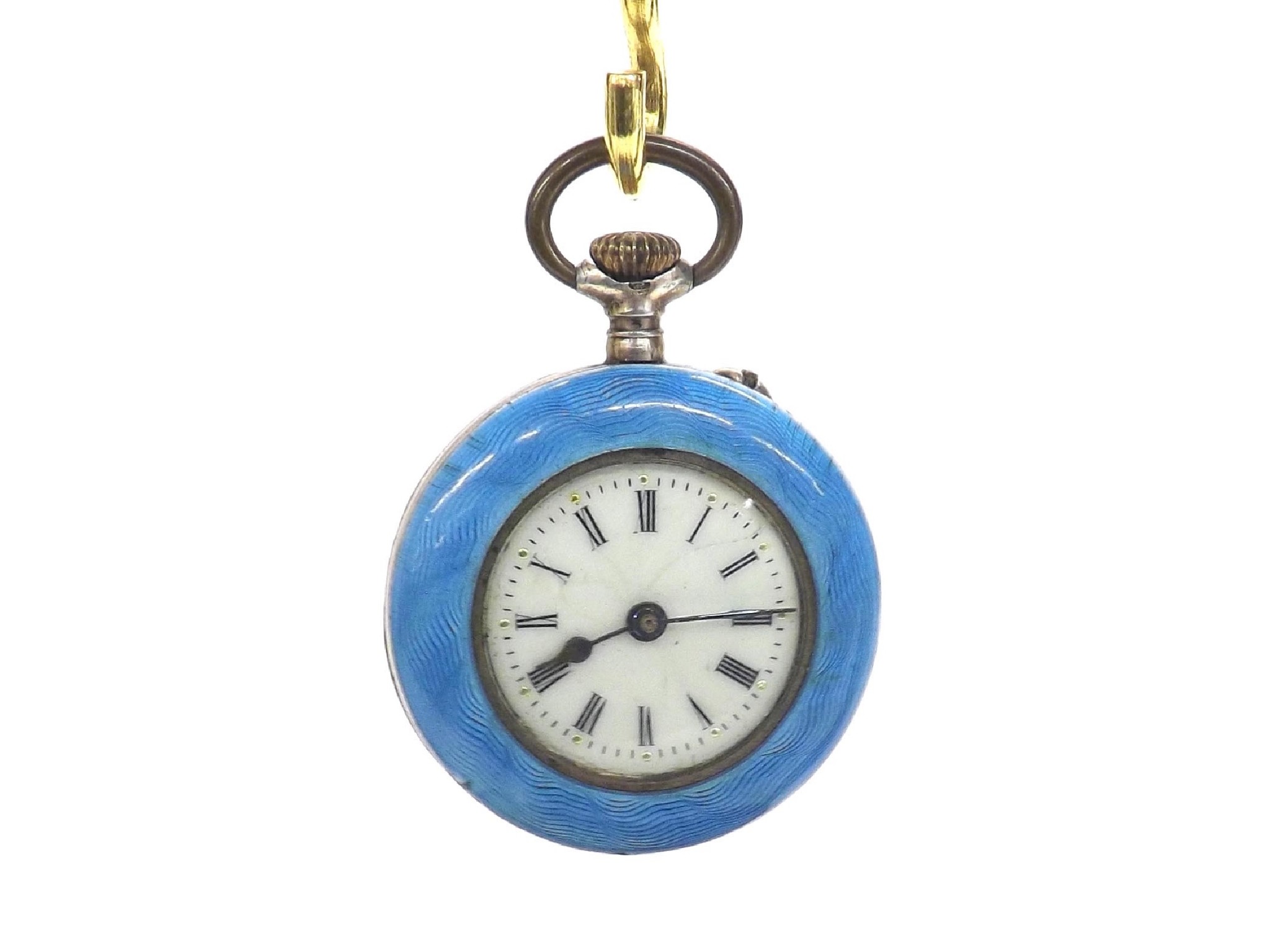 Appraisal: Attractive blue enamel cylinder fob watch the dial with Roman