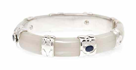 Appraisal: An Karat White Gold White Jade and Sapphire Bangle Bracelet