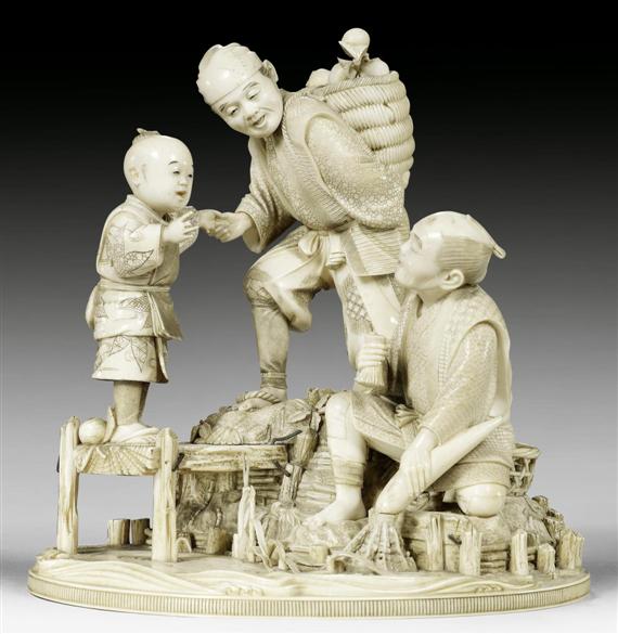 Appraisal: AN IVORY OKIMONO OF TWO PEASANTS AND A CHILD Japan