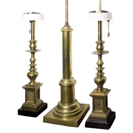 Appraisal: Pair of Brass Candlestick Lamps Together with a Columnar-Form Candlestick