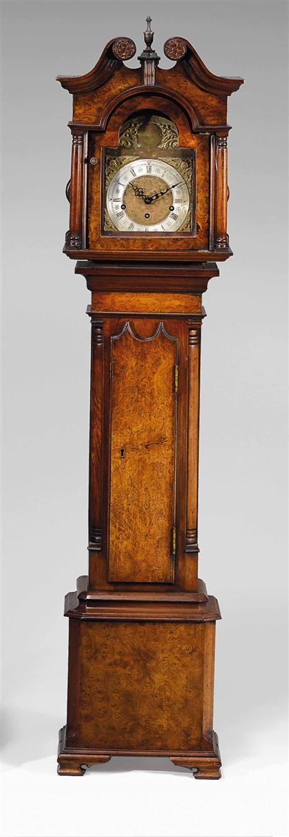 Appraisal: George III style burr walnut and mahogany grandmother clock With