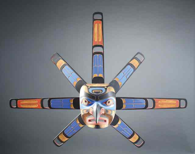 Appraisal: GENE BRABANT'S HAND CARVED PAINTED HAWK SUN MASK titled ''Kwaq-wilth''