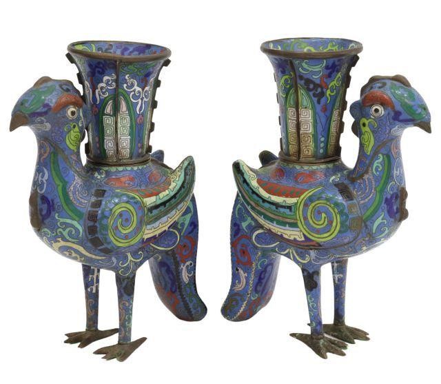 Appraisal: pair Chinese cloisonne enamel bird-form beaker vessels depicted standing removable