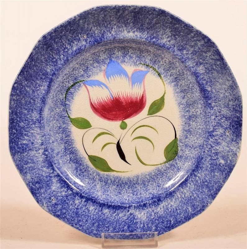 Appraisal: Blue Spatter Ironstone China Tulip Plate Blue Spatter Ironstone China