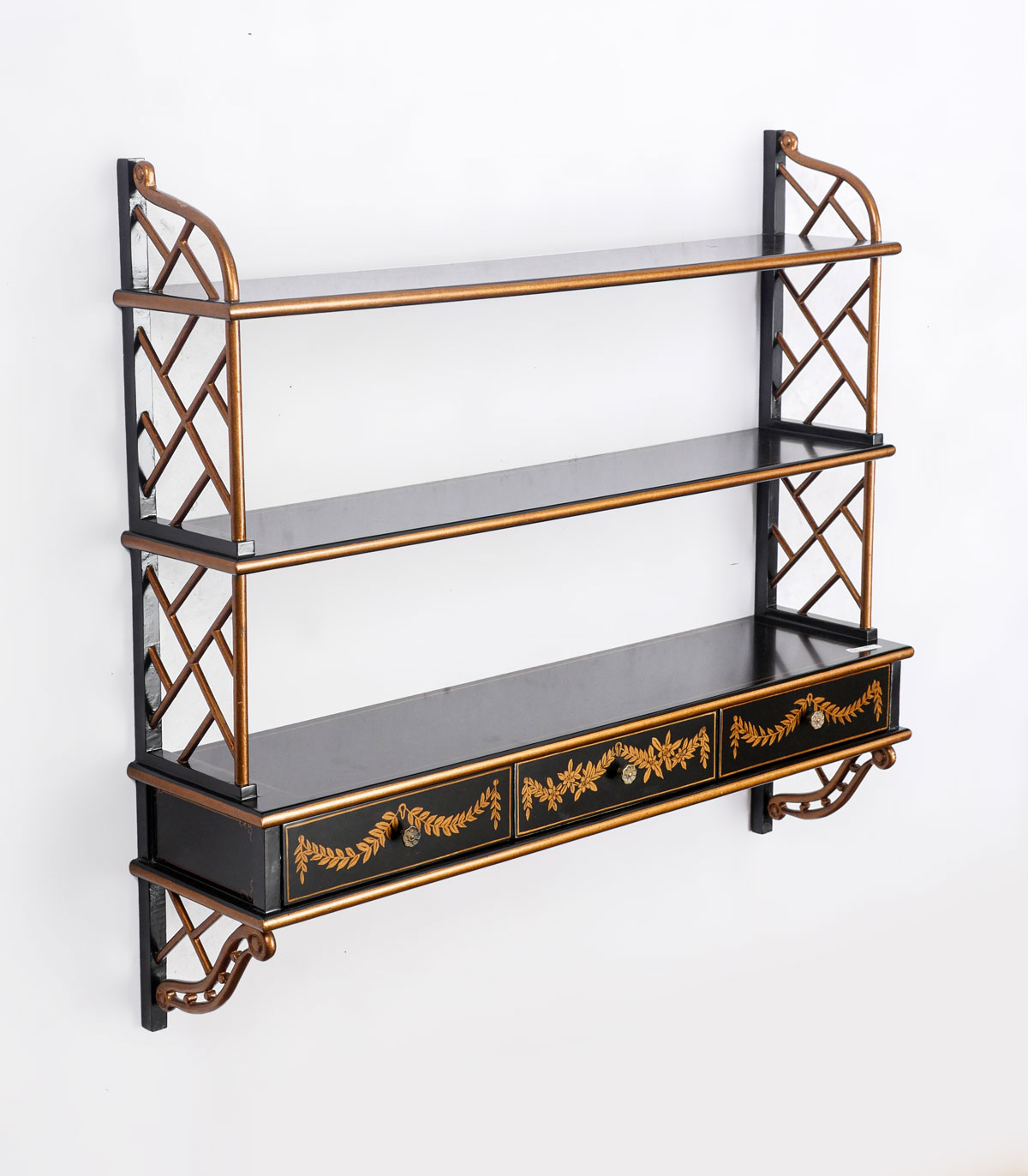 Appraisal: CHELSEA HOUSE BLACK LACQUER AND GOLD DECORATED SHELF Chippendale style