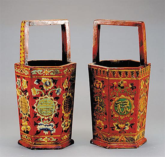 Appraisal: Pair Chinese red lacquered pails square handle on hexagonal tapering