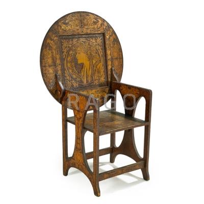 Appraisal: PYROGRAPHY Chair table with elaborate Art Nouveau decoration in the