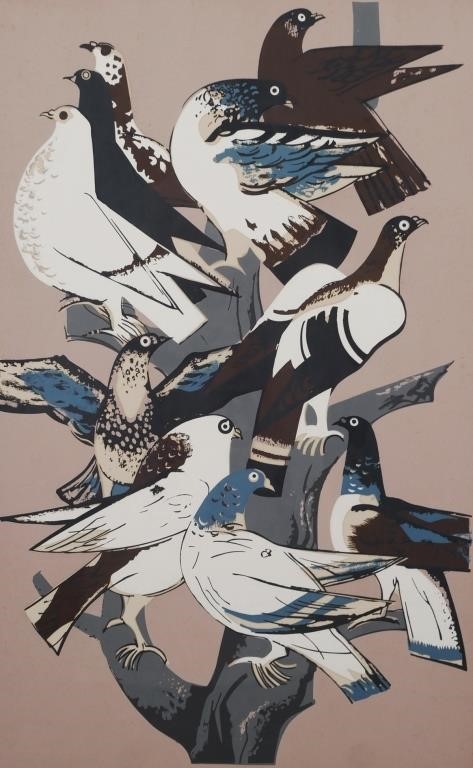 Appraisal: MILLARD SHEETS SERIGRAPH PIGEONSMid-century modern serigraph of pigeons by Millard