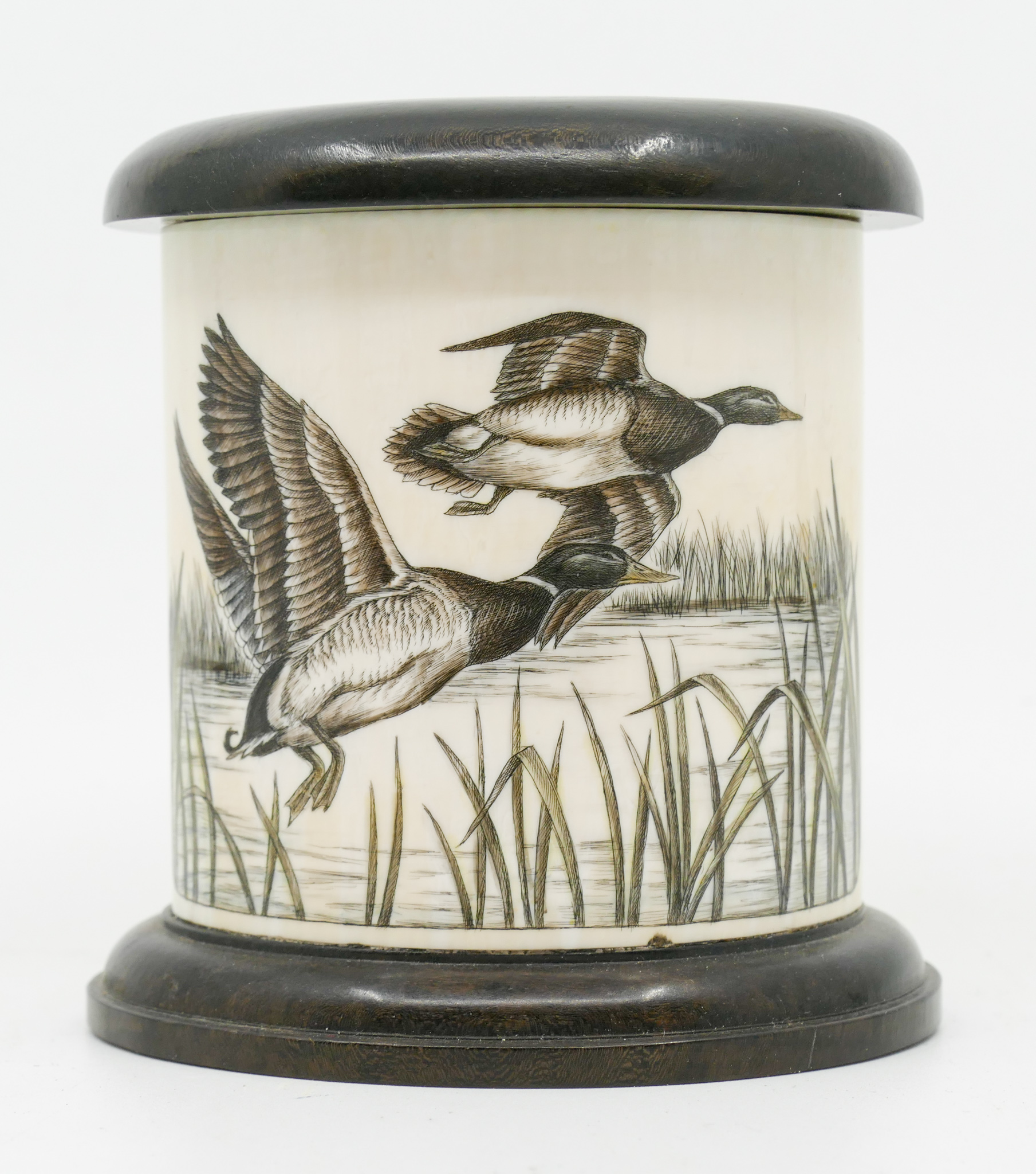 Appraisal: Fine Scrimshawed Mallard Ducks Box '' - Initialed GF