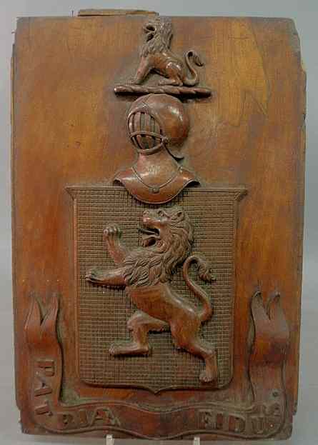 Appraisal: Carved mahogany armorial crest th c Patriae Fidus x