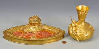 Appraisal: French Bronze Items Inkstand Vase st item French gilt bronze