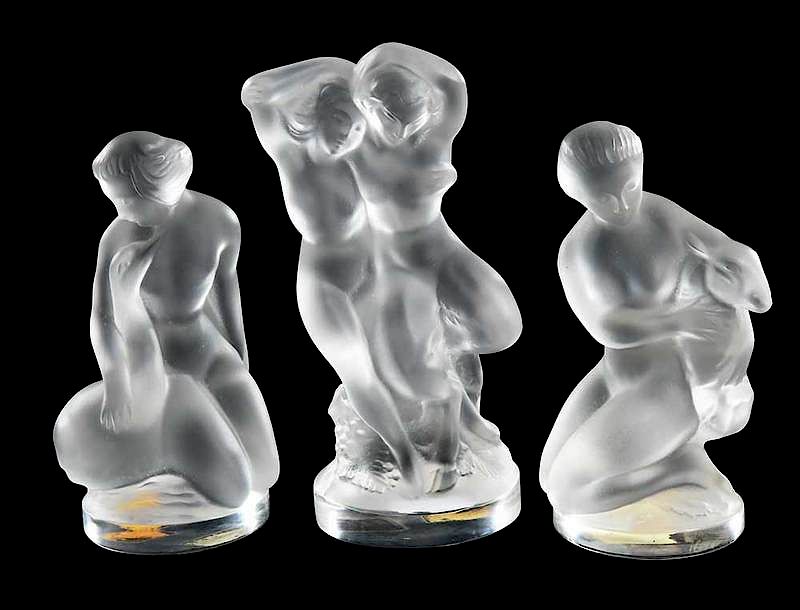 Appraisal: Three Lalique Glass Frosted Figurines including Faune Diane Leda engraved