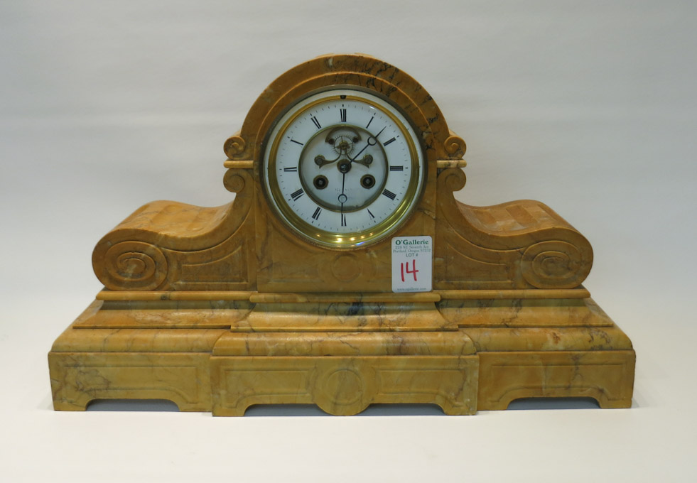 Appraisal: FRENCH MARBLE MANTEL CLOCK dark cream colored with brown to