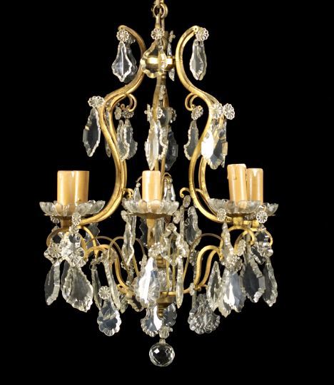 Appraisal: French Gilded Wrought-Iron and Cut Glass Six-Light Chandelier of cage