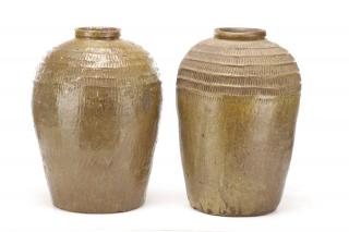 Appraisal: Pair of Small Green Glazed Terra Cotta Olive Jars A