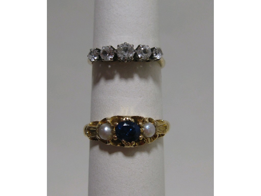 Appraisal: Lot comprising gold pearl and sapphire three stone ring and