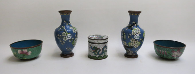 Appraisal: FIVE CHINESE CLOISONNE VESSELS including a pair of matching blue