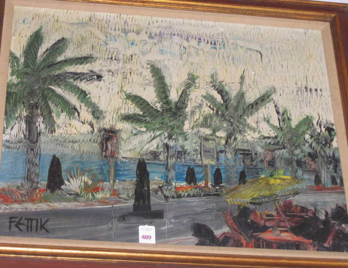 Appraisal: FETTIK AMERICAN WATERSIDE ROAD WITH PALM TREES oil on canvas