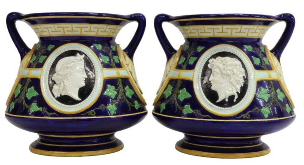 Appraisal: pair English majolica jardinieres dual-handled having Greek key border over