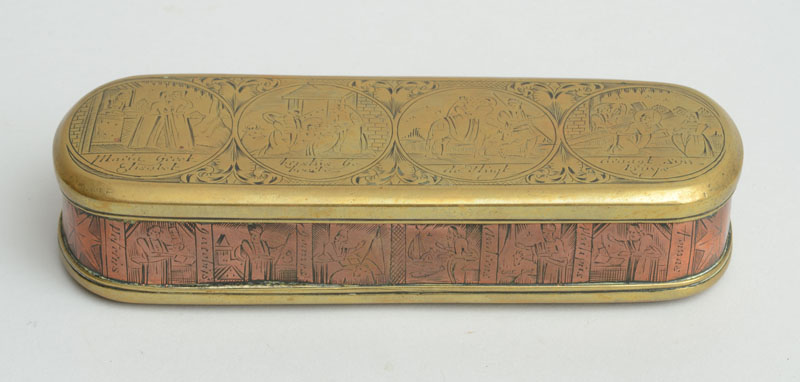 Appraisal: DUTCH ENGRAVED BRASS AND COPPER TOBACCO BOX The hinged lid