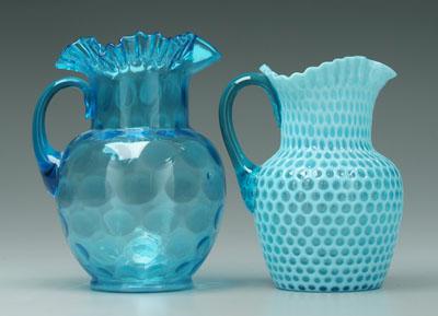 Appraisal: Two blue glass pitchers one clear thumbprint with ruffled rim