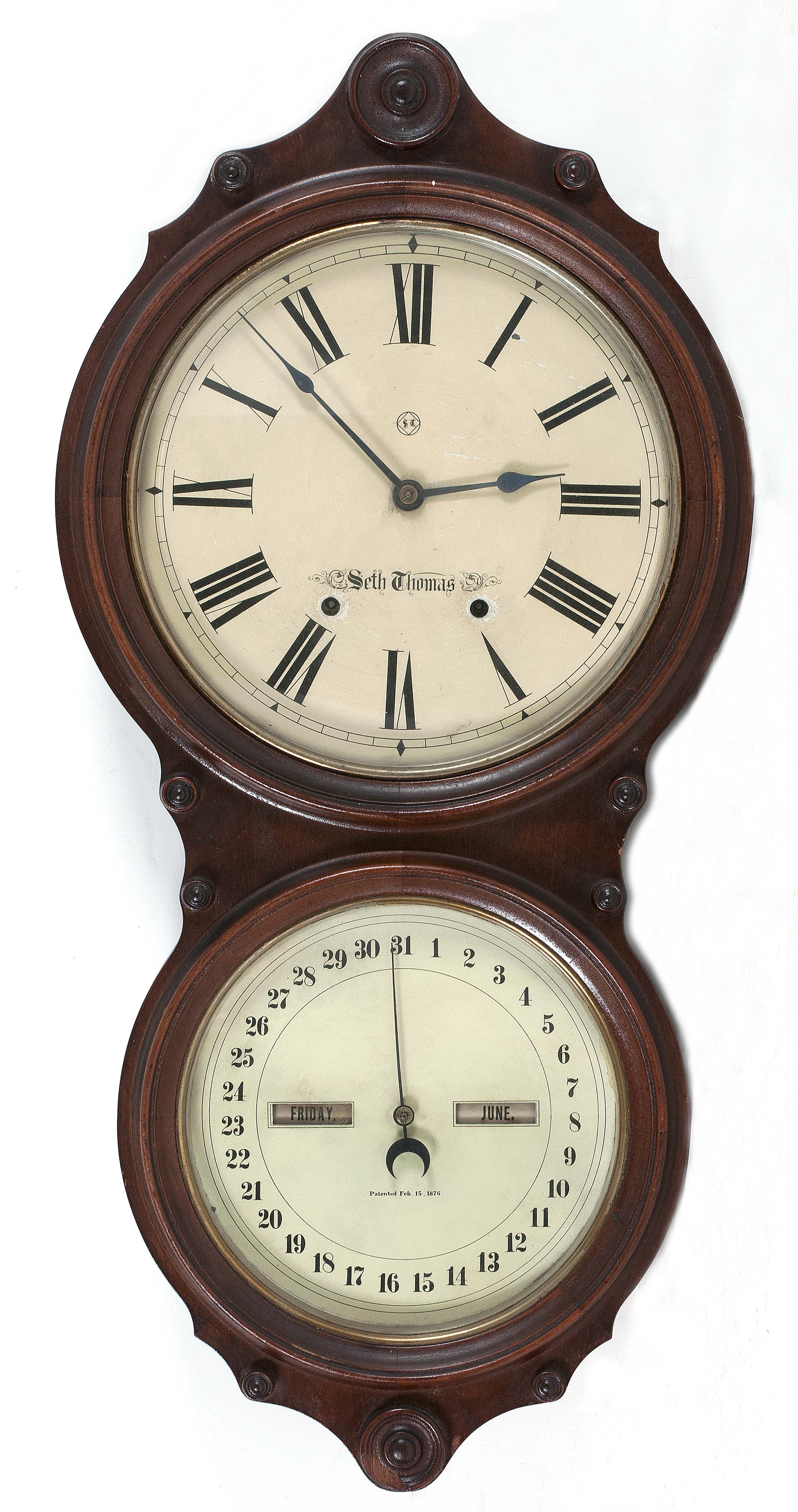 Appraisal: SETH THOMAS FIGURE- CALENDAR CLOCK Walnut case Upper dial with