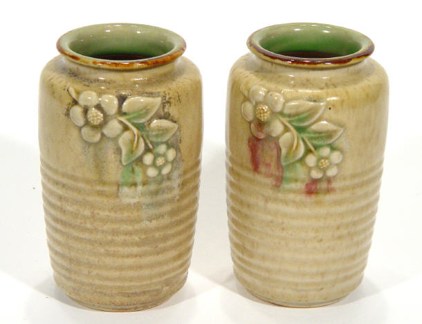 Appraisal: Pair of s ribbed Royal Doulton stoneware vases relief moulded