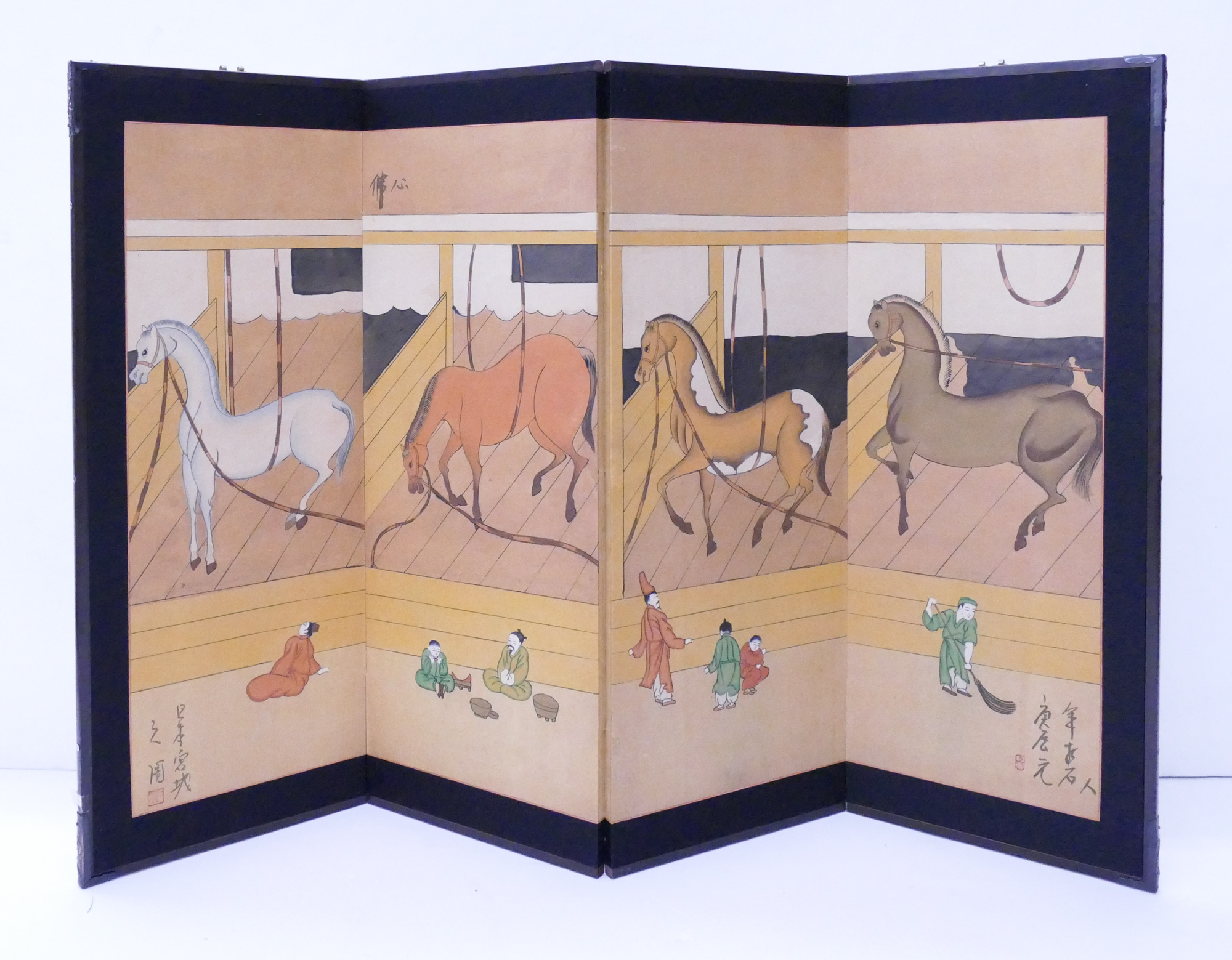 Appraisal: Japanese Painted Horses in a Stable Panel Screen- x ''