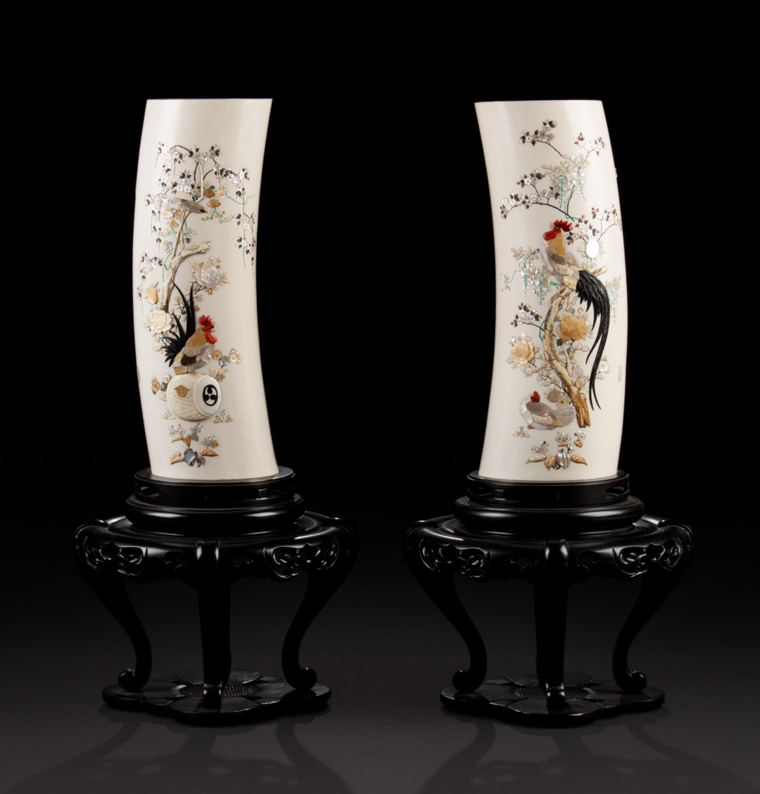 Appraisal: Pair of Japanese Shibayama carved ivory tusks with elaborate mother-of-pearl