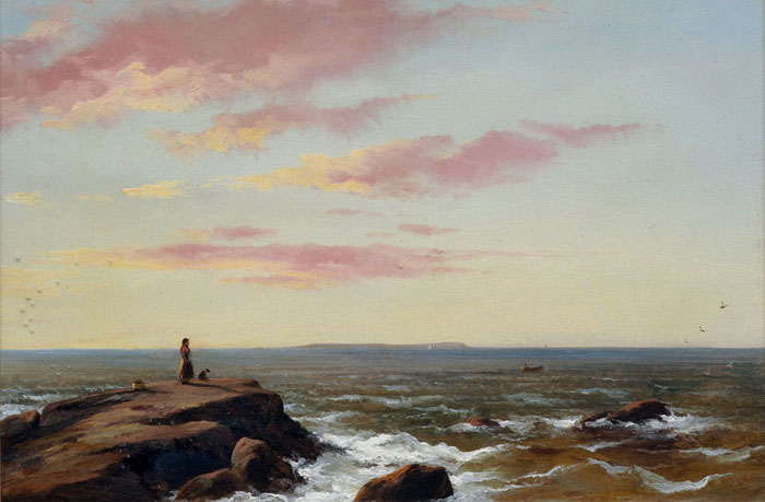 Appraisal: NEW ENGLAND COASTAL SCENE WITH GIRL AND DOG LOOKING TO