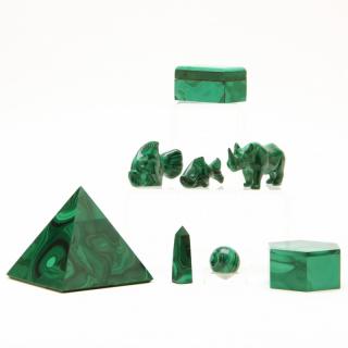 Appraisal: Eight Malachite Objects to include two fish a rhinoceros a