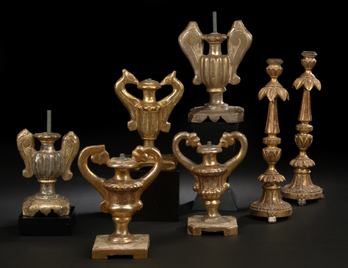 Appraisal: Near-Pair of Italian Carved Silvered and Gilt-Lacquered Wooden Vasiform Two-Handled