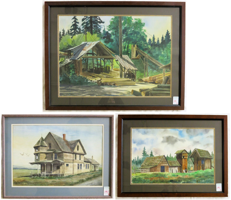 Appraisal: ART PETERSON THREE WATERCOLORS ON PAPER Oregon th century Logging