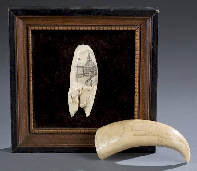 Appraisal: Pair of th c scrimshaw whale teeth w nautical A