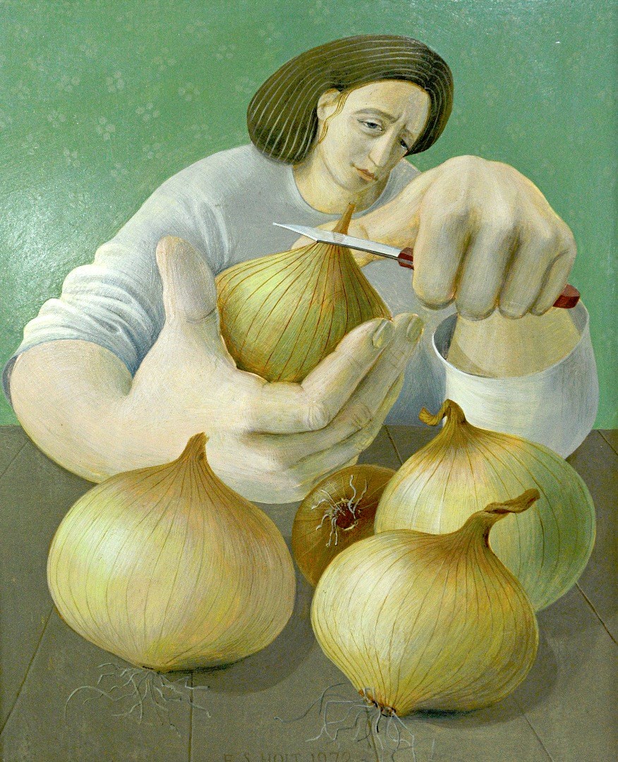 Appraisal: Eric Holt b Peeling onions egg tempera on gesso board