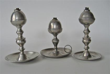 Appraisal: Three pewter whale oil lamps weeks and taunton b m