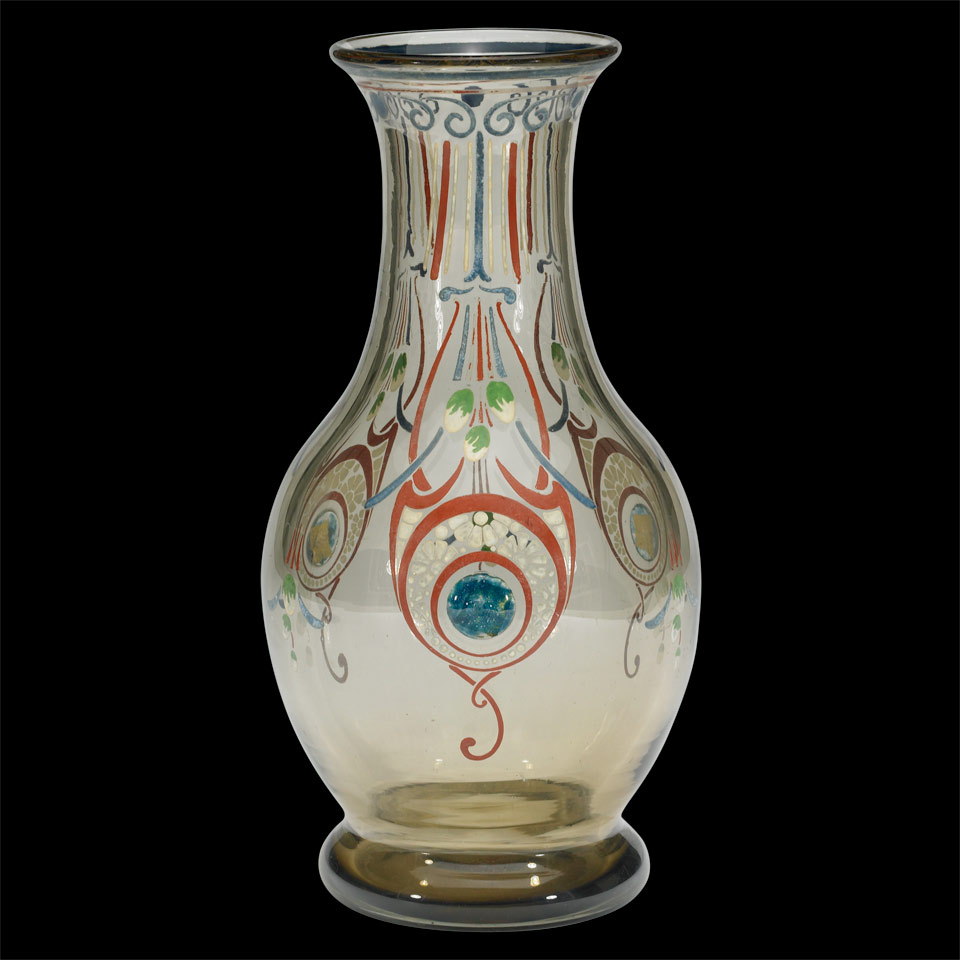 Appraisal: Schneider Enameled Glass Vase early th century with three applied