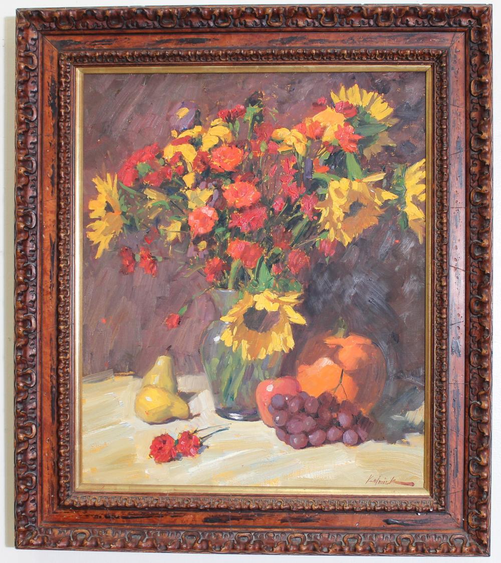 Appraisal: WILLIAM KALWICK JR Texas born oil on canvas floral still-life