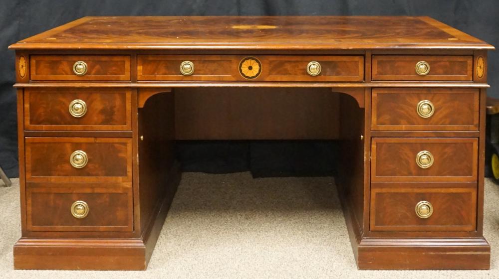 Appraisal: HEKMAN INLAID MAHOGANY DOUBLE PEDESTAL DESK X X IN X