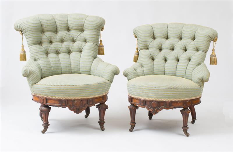 Appraisal: RENAISSANCE REVIVAL TWO PARLOR CHAIRS Carved walnut brass x x