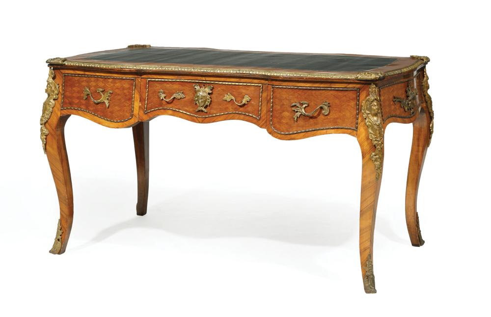 Appraisal: Louis XV-Style Bronze-Mounted Kingwood Parquetry Bureau Plat th c embossed