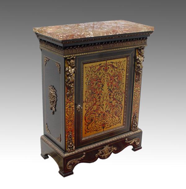 Appraisal: BOULLE INLAY MARBLE TOP SIDE CABINET Outstanding single door cabinet