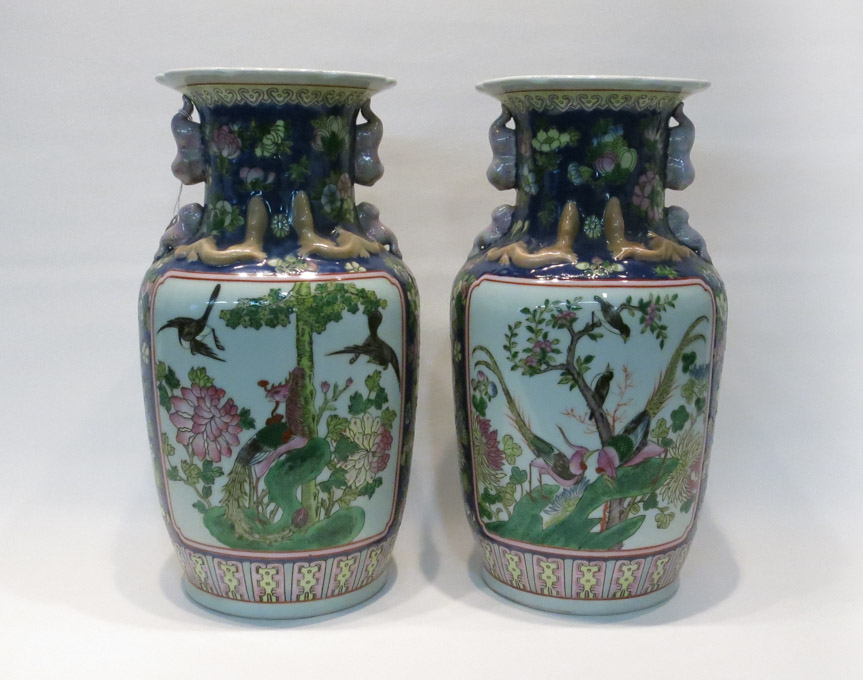 Appraisal: PAIR CHINESE PORCELAIN VASES hand enameled with cartouches of birds