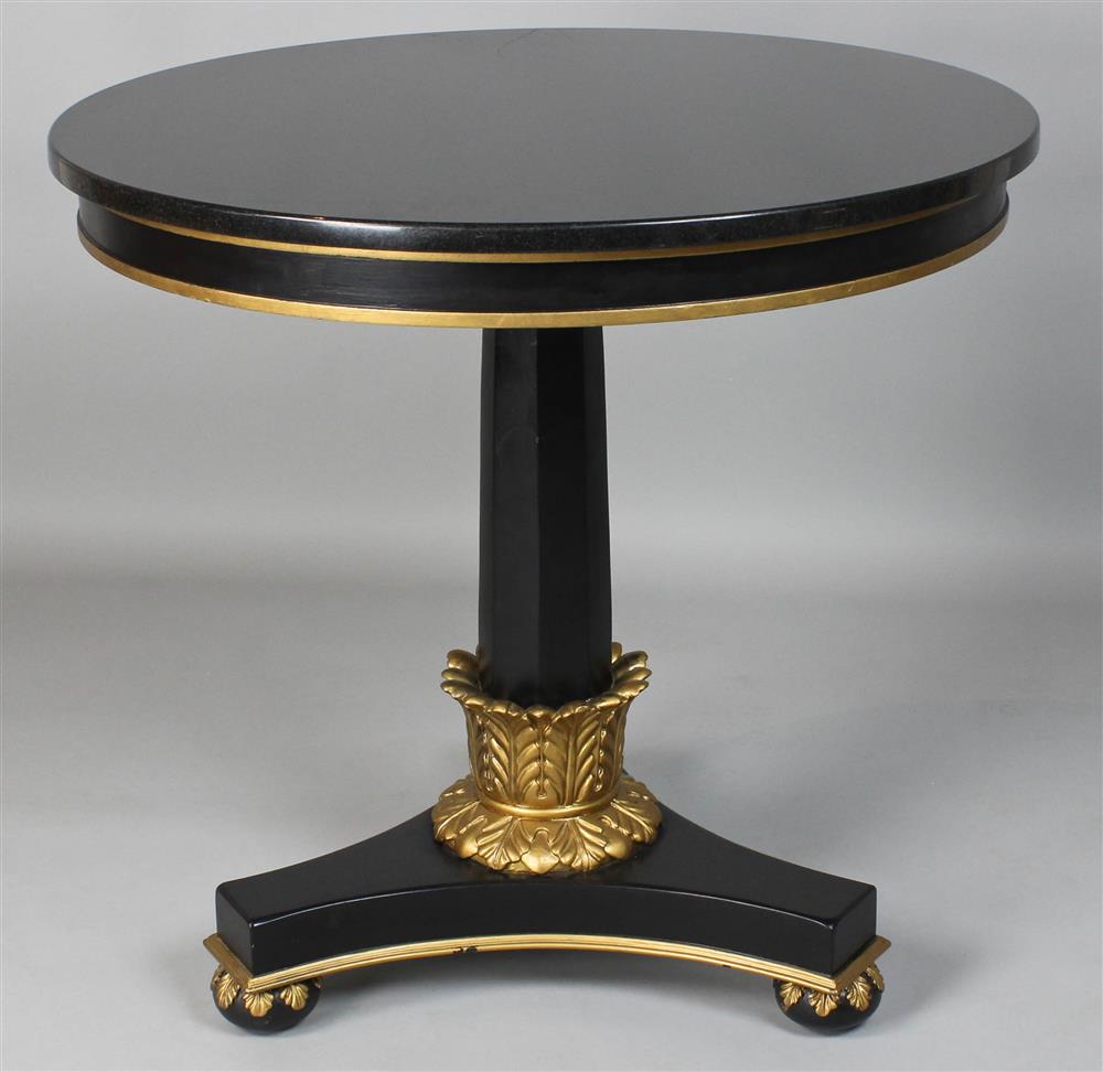 Appraisal: FRENCH EMPIRE STYLE BLACK PAINTED AND GILT CENTER TABLE the