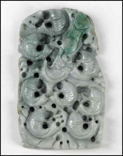 Appraisal: CHINESE CARVED JADE PLAQUE Depicting fish '' x '' Condition