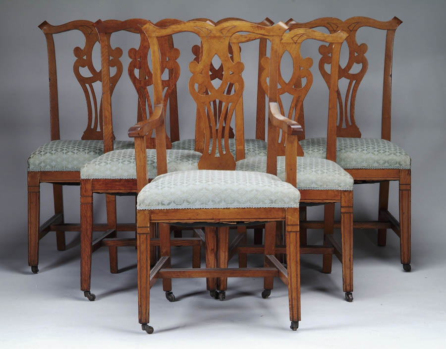 Appraisal: SET OF SIX OAK CHIPPENDALE STYLE CHAIRS Turn of the