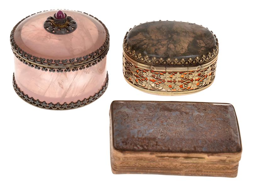 Appraisal: THREE STONE INLAID TRINKET BOXES INCL ROSE QUARTZ