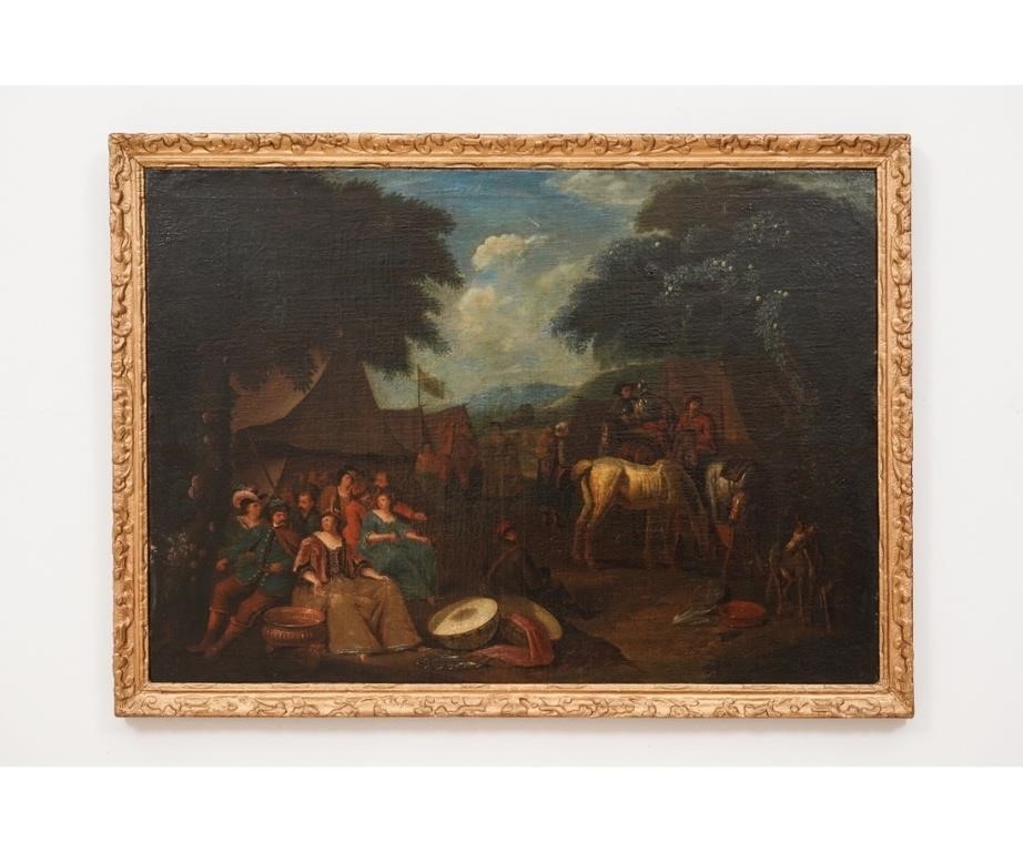 Appraisal: Large oil on canvas medieval encampment scene with the King