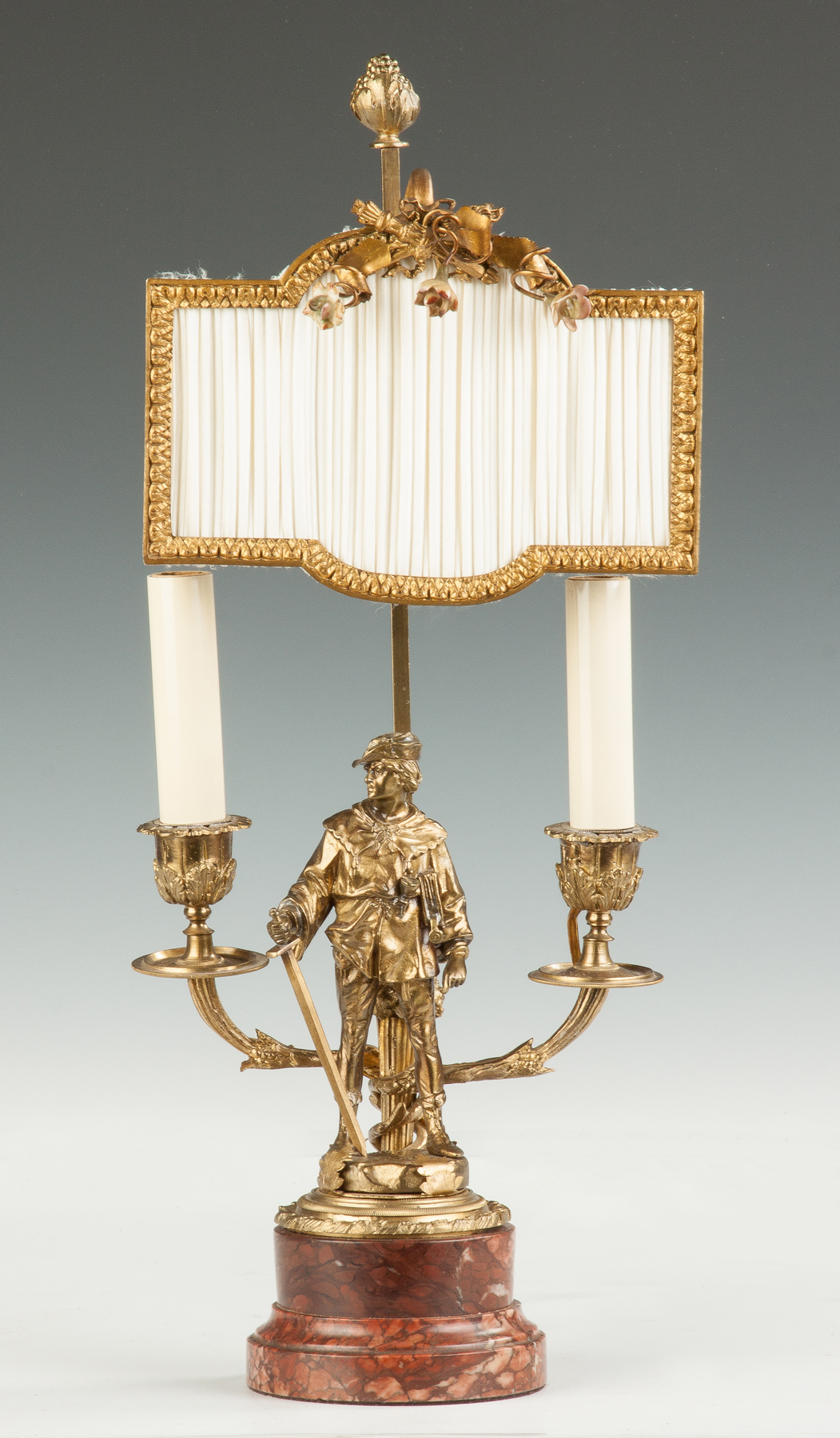 Appraisal: French Patinaed Brass Marble Two-Light Sconce th cent With cavalier